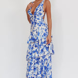 Veda Strappy Back Ruffle Maxi Dress Floral Blue