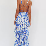 Veda Strappy Back Ruffle Maxi Dress Floral Blue