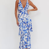 Veda Strappy Back Ruffle Maxi Dress Floral Blue