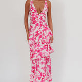 Veda Strappy Back Ruffle Maxi Dress Floral Fuchsia