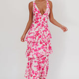 Veda Strappy Back Ruffle Maxi Dress Floral Fuchsia