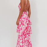 Veda Strappy Back Ruffle Maxi Dress Floral Fuchsia