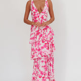 Veda Strappy Back Ruffle Maxi Dress Floral Fuchsia