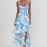 Veda Ruffle Strap Split Maxi Dress Floral White/Blue