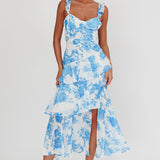 Veda Ruffle Strap Split Maxi Dress Floral White/Blue