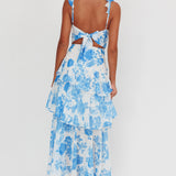 Veda Ruffle Strap Split Maxi Dress Floral White/Blue