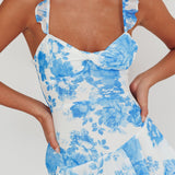 Veda Ruffle Strap Split Maxi Dress Floral White/Blue