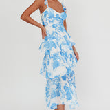 Veda Ruffle Strap Split Maxi Dress Floral White/Blue