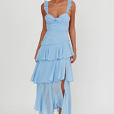 Veda Ruffle Strap Split Maxi Dress Blue
