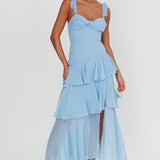Veda Ruffle Strap Split Maxi Dress Blue
