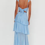 Veda Ruffle Strap Split Maxi Dress Blue