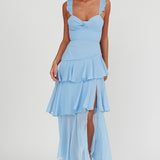 Veda Ruffle Strap Split Maxi Dress Blue