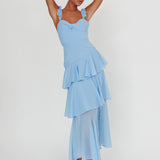 Veda Ruffle Strap Split Maxi Dress Blue