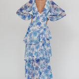 Veda Long Sleeve Floral Tiered Ruffle Maxi Dress Blue
