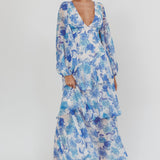 Veda Long Sleeve Floral Tiered Ruffle Maxi Dress Blue
