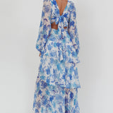 Veda Long Sleeve Floral Tiered Ruffle Maxi Dress Blue