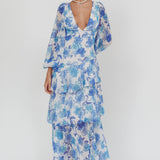 Veda Long Sleeve Floral Tiered Ruffle Maxi Dress Blue