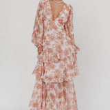 Veda Long Sleeve Floral Tiered Ruffle Maxi Dress Peach