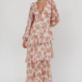 Veda Long Sleeve Floral Tiered Ruffle Maxi Dress Peach