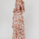 Veda Long Sleeve Floral Tiered Ruffle Maxi Dress Peach
