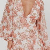 Veda Long Sleeve Floral Tiered Ruffle Maxi Dress Peach