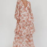 Veda Long Sleeve Floral Tiered Ruffle Maxi Dress Peach