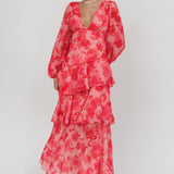 Veda Long Sleeve Floral Tiered Ruffle Maxi Dress Pink
