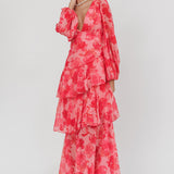 Veda Long Sleeve Floral Tiered Ruffle Maxi Dress Pink