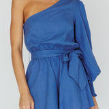 Summer Lover One-Shoulder Long Sleeve Romper Blue