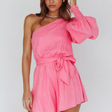 Summer Lover One-Shoulder Long Sleeve Romper Pink