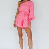 Summer Lover One-Shoulder Long Sleeve Romper Pink