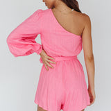 Summer Lover One-Shoulder Long Sleeve Romper Pink