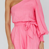 Summer Lover One-Shoulder Long Sleeve Romper Pink
