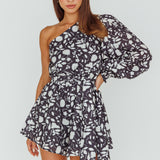 Summer Lover One-Shoulder Romper Floral Black