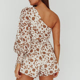 Summer Lover One-Shoulder Romper Floral Brown