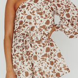Summer Lover One-Shoulder Romper Floral Brown