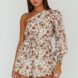 Summer Lover One-Shoulder Romper Floral Brown