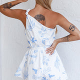 Summer Lover One-Shoulder Romper Printed White