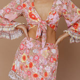 Island Girl Long Sleeve Tied Crop Top Floral Pink