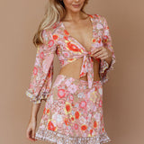 Island Girl Long Sleeve Tied Crop Top Floral Pink
