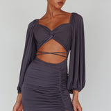 In Luck Cut-Out Waist Ruched Mini Dress Charcoal