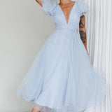 Leap Of Faith Frill Shoulder Tulle Midi Dress Blue