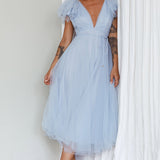 Leap Of Faith Frill Shoulder Tulle Midi Dress Blue