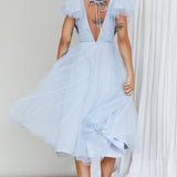 Leap Of Faith Frill Shoulder Tulle Midi Dress Blue