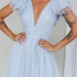 Leap Of Faith Frill Shoulder Tulle Midi Dress Blue