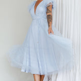 Leap Of Faith Frill Shoulder Tulle Midi Dress Blue