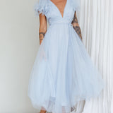 Leap Of Faith Frill Shoulder Tulle Midi Dress Blue