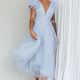 Leap Of Faith Frill Shoulder Tulle Midi Dress Blue