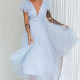 Leap Of Faith Frill Shoulder Tulle Midi Dress Blue