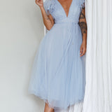 Leap Of Faith Frill Shoulder Tulle Midi Dress Blue